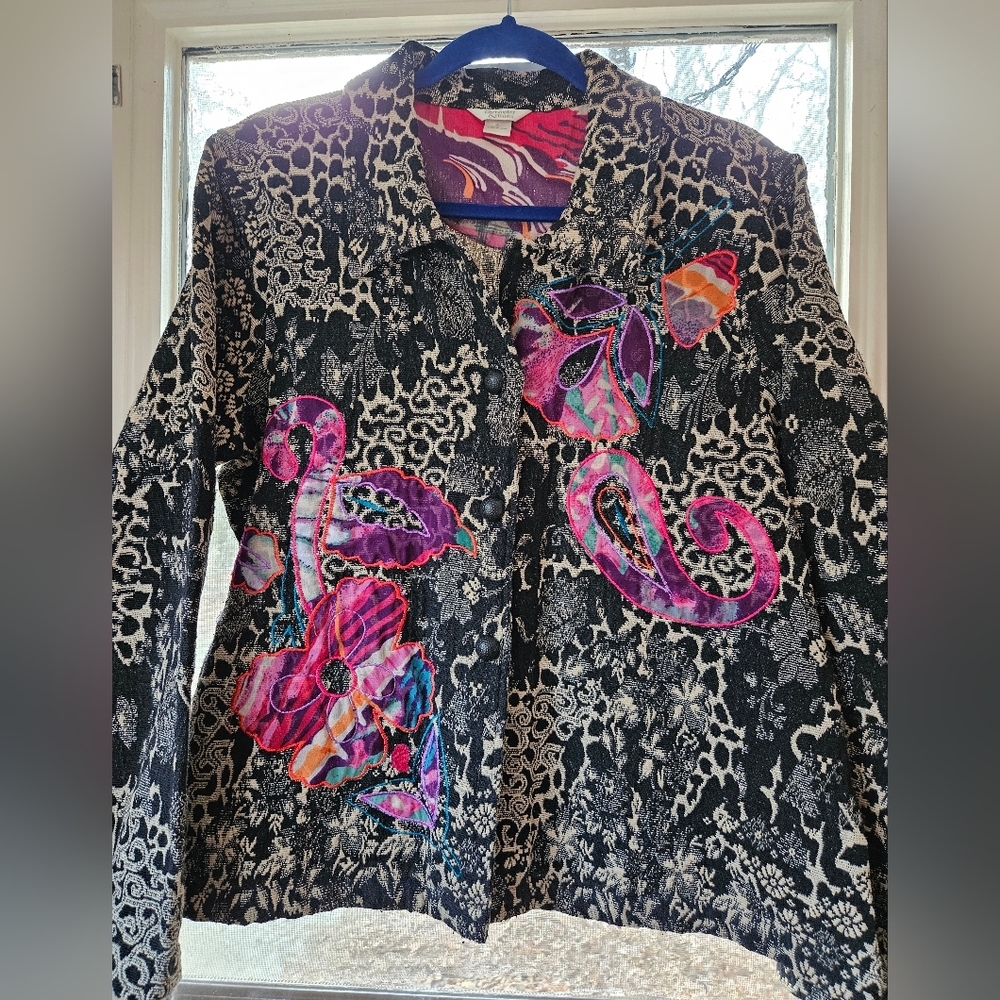 Christopher Banks blazer, size LG. Black& beige tapestry fabric.